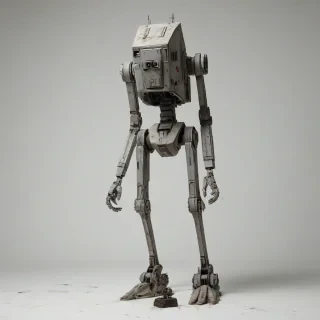 A World War 2 era AT-ST walker from Star Wars, with a full-body view, on a plain white background, in a wide shot, with visible feet, and a worn, battle-damaged appearance, in the style of vietnam war equipment, with a muted color palette and dynamic shadows, and a sense of grit and realism, on a plain white background, even lighting 