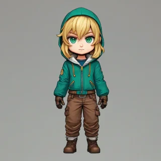 Chibi RPG character in T-pose, green hooded jacket, brown pants, blue eyes, blonde hair, thick gloves, full-body, comic-toon style, clay-like texture, vibrant colors, high detail, extremely chibi, plain white background