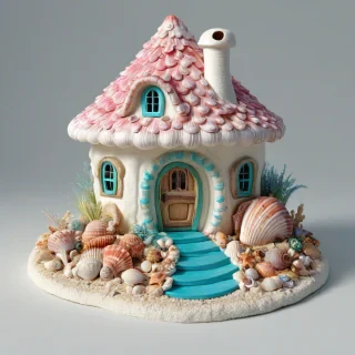 seashell fairy house, bright and vivid colors, single house in image, cute 3d cartoon style, on a plain white background, even lighting