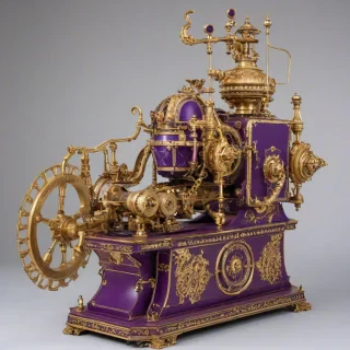 A detailed, full-body view of industrial equipment, with a predominantly purple color scheme, in the style of Rococo, set against a plain white background, with intricate golden accents and ornate details, wide shot with all components visible