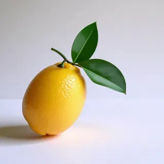 lemon with part of the stem and a leaf attached