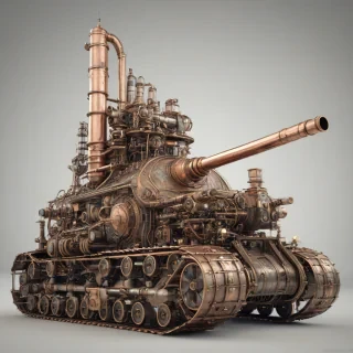 A full-body view of a detailed, atom-punk style tank with brass accents, copper pipes, and a steam-powered engine, set against a plain white background, with a wide-angle shot and dynamic lighting, in the style of a digital illustration with intricate details and textures, on a plain white background, even lighting, on a plain white background, even lighting 