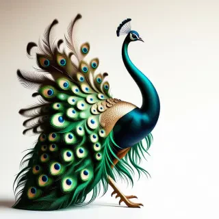 A full-body view of a gold-plated, intricately detailed peacock, with vibrant feathers and a regal demeanor, set against a plain white background, in the style of Rococo art, with soft, delicate lighting and ornate textures