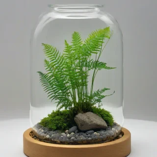 A small, delicate fern plant with bright green leaves and thin stems, placed inside a clear glass terrarium with a wide mouth and a rounded body, filled with a layer of small rocks and a thin layer of moss, on a plain white background, in a full-body view, with the terrarium standing on a small, white pedestal, and the plant taking up most of the space inside the terrarium, with soft, natural light shining down on it, with subtle shading and textures, on a plain white background, even lighting