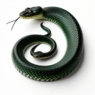 dark green coiled up snake with neck and head extended