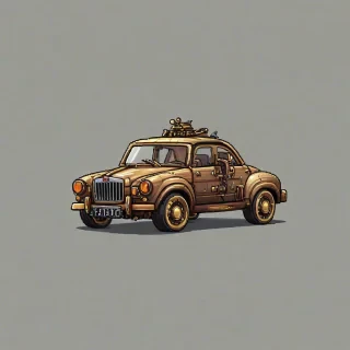 chibi, pixel art style, steampunk car on a plain white background, even lighting