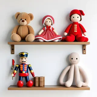 A shelf with several different toys on it: a teddy bear, a porcelain doll, a toy soldier, and a stuffed octopus