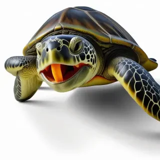 a large, menacing blue and green sea turtle with a menacing smile and glowing orange eyes, full-body view, on a plain white background, in a wide shot, with dynamic shadows and a hard rim light