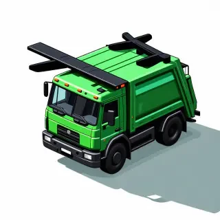 A green trash truck with airplane wings extending from the sides instead of the top, in a wide shot with the entire vehicle visible, on a plain white background, with a cartoonish and futuristic illustration style, and dynamic shadows