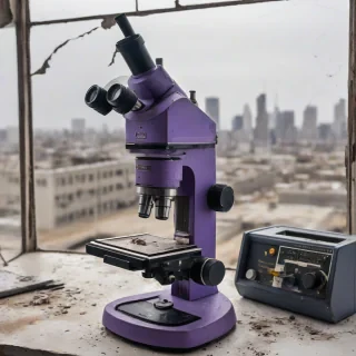 A wide shot of a lone, intact, violet-colored microscope standing upright on a dusty, worn, laboratory counter in a post-apocalyptic setting, with a blurred, destroyed cityscape visible through a cracked window in the background, on a plain white background, full-body view of the microscope, with proper lighting and no shadows, in the style of a digital illustration, with a focus on the microscope's intricate details and the desolate atmosphere, no humans or animals in sight, with the microscope being the main subject and center of attention, on a plain white background, even lighting