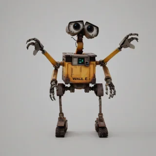 Wall-e, on a plain white background, even lighting, with long human legs instead of treads