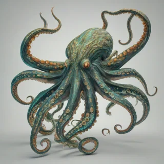 A large, detailed kraken, with long tentacles and a massive body, in a full-body view, on a plain white background, in the style of a digital illustration, with vibrant colors and intricate details, and the kraken's body is covered in bioluminescent spots, on a plain white background, even lighting 