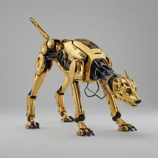 Gold robotic dog, full-body view, plain white background, sci-fi style