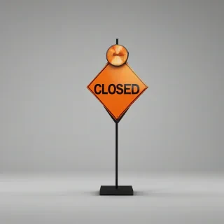 A bright orange diamond shape "lane closed" sign on a stand, on a plain white background, with a full-body view and the, in a digital art style with bold lines and vibrant colors, on a plain white background, even lighting, on a plain white background, even lighting 