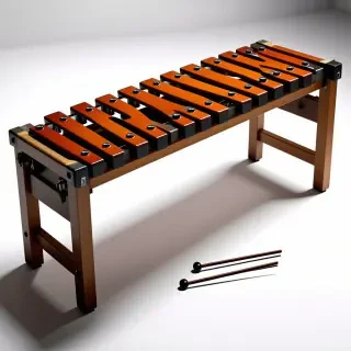 A xylophone, full-body view, on a plain white background, with a wide shot, feet visible, made of wood, with metal keys, in a realistic style, with soft lighting, and dynamic shadows