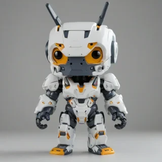 mecha suit, funko pop style, on a plain white background, even lighting 
