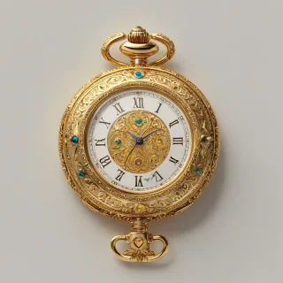 A highly detailed, yellow, Victorian-style, magical artifact, such as an ornate, gemstone-encrusted, golden pocket watch, with intricate engravings, and a subtle glow, in a full-body view, on a plain white background, with soft, warm lighting, and a sense of mystique, in the style of a digital painting