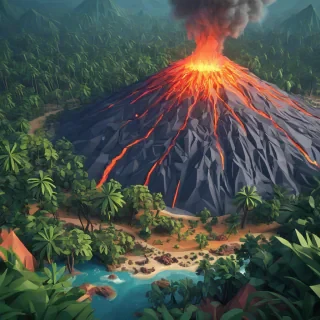 Low poly art of an erupting volcano in a rainforest