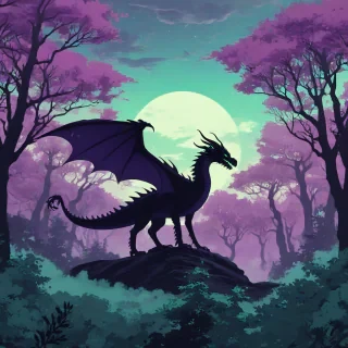 Digital anime art style silhouette of a dragon staring at a beautiful forest with dark purple and vibrant mint green trees, with beautiful fluffy clouds above