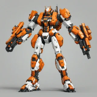 Orange mech suit, pixel art style, full-body view, plain white background