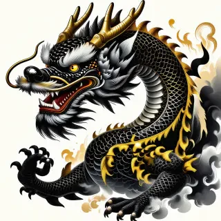 An anime Chinese dragon with black and gold speckled scales. It has yellow eyes and golden horns.