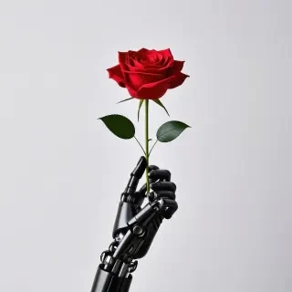 mechanical hand holding a red long stem rose