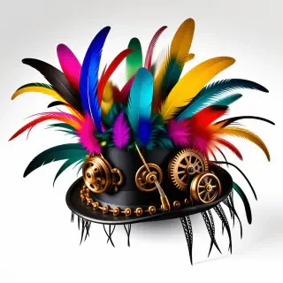 A steampunk top hat adorned with colorful and exotic feathers and copper gears and wires