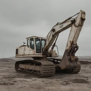 A wide shot of a worn, ivory-colored industrial excavator, set against a desolate, post-apocalyptic backdrop with a gray, overcast sky, on a plain white background, with the excavator's metal surface showing signs of rust and decay, and its windows cracked or broken, in a digital art style with a focus on realistic textures and lighting, full-body view, with the excavator's tracks and boom visible, and a sense of abandonment and neglect in the atmosphere