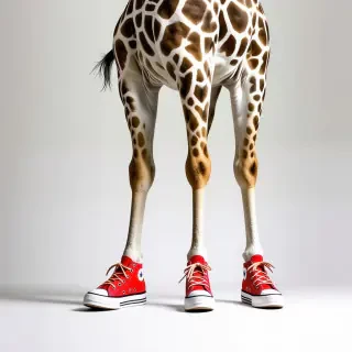 giraffe with red sneakers on all four feet