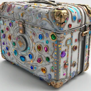 A stylized, chunky galaxy suitcase with embedded jewels, designed as a fun video game asset, featuring a wide shot with the chest's intricate details and colorful jewels on a plain white background, with a dynamic lighting effect to accentuate its textures and vibrant colors, on a plain white background, even lighting