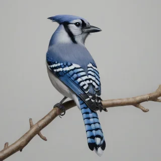 A blue jay bird, full-body view, perched on a branch, with vibrant blue and white feathers, black necklace-like stripe around its neck, distinctive crest on top of its head, set against a plain white background, with soft natural light and subtle shadows, in a realistic illustration style, on a plain white background, even lighting 