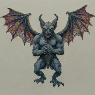A full-body view of a fantasy gargoyle, in the style of cross-stitch embroidery, with vibrant colors and intricate details, set against a plain white background, with a wide shot and dynamic lighting, and a mix of satin and full stitches, on a plain white background, even lighting