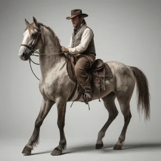 A standalone horsein the era from the Wild West era, a generally worn, weathered appearance, set against a plain white background, in a wide shot with the entire horse visible, including the feet, in a digital art style with muted colors, on a plain white background, even lighting