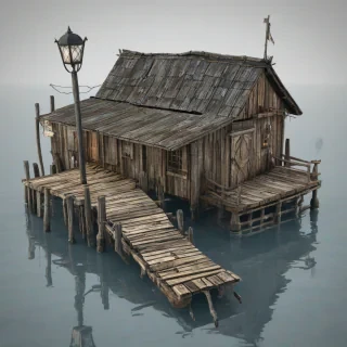 old, worn, wooden floating dock with a D&D style, fantasy, medieval, rustic, and distressed appearance, with a dilapidated fishing shack on it, in a full-body view, on a plain white background, with a street light outside the shack, and the wood grain visible, single floating dock, nothing else in the shot, no background, bright lighting, on a plain white background, even lighting