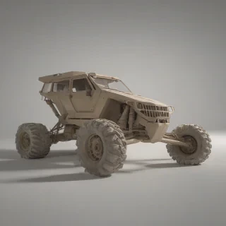 A tan, brutalist-style rover, with sharp edges and a rugged exterior, full-body view, wide shot, on a plain white background, with dynamic shadows and a hard rim light, in the style of digital art