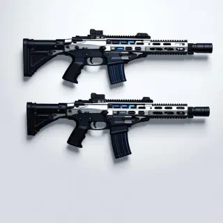 A sleek, metallic, futuristic rifle with a silver and black finish, glowing blue accents, and a unique, ergonomic design, set against a plain white background, in a wide shot with the rifle's entire length visible, including the stock and barrel, with a shallow depth of field to blur the background