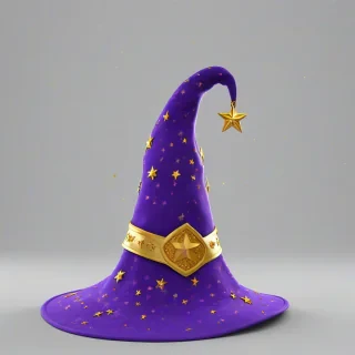 3d animation cartoon style merlin's hat, purple with gold stars, on a plain white background, even lighting