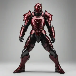 A full-body view of a piece of crimson armor, with a noir style aesthetic, on a plain white background, with dramatic lighting and dynamic shadows, in a wide-angle shot, with intricate details and textures, and a sense of depth and dimensionality