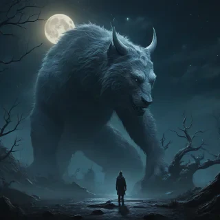Digital art environmental scene at night, person and gentle moon spirit beast staring down