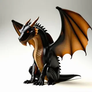 A feathered dragon sitting down with its large wings slightly spread out