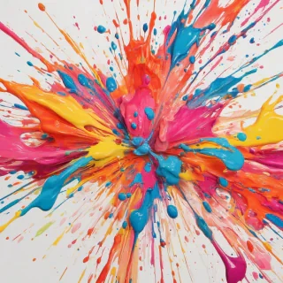 A vibrant splash of colorful paint on a plain white background, with visible brush strokes and texture, in a wide shot with the entire splash visible, digital art style with bold and bright colors