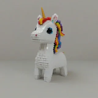 Brightly colored, 3D chibi pixel art of a unicorn, on a plain white background, even lighting