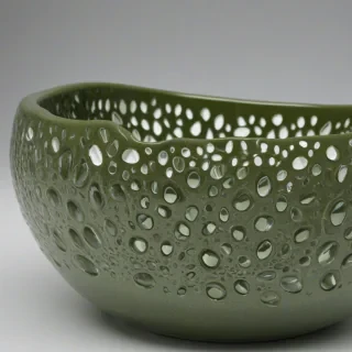 olive green colored, wide mouth bowl, with tear drop infill design, on a plain white background, even lighting