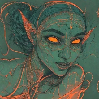 neon sam guay style art of a demon woman leaning very close to the camera with one eyebrow raised and a sly smile