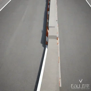 A full-body view of a concrete lane divider for roads, with a wide shot, on a plain white background, with a digital art style, and dynamic shadows, with a focus on the texture of the concrete and the lane divider's shape, on a plain white background, even lighting, on a plain white background, even lighting 