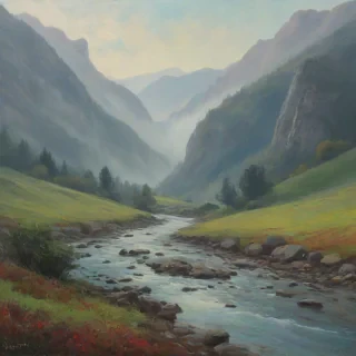 impressionist style painting of a valley in the mountains, on a misty, foggy morning