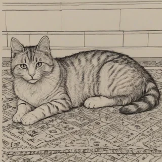 Line drawing of a cat laying on a rug