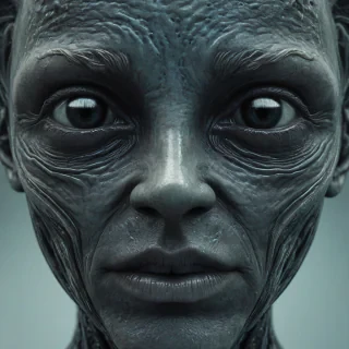 Close-up of alien's face, digital art style, solid black eyes