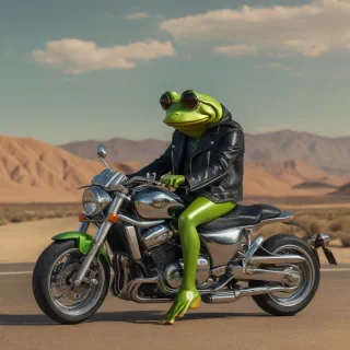 A detailed, full-body view of a vibrant green frog wearing a black leather jacket and sunglasses, riding a sleek, chrome motorcycle In front of a dessert background, with a wide shot and dynamic shadows, in a digital art style
