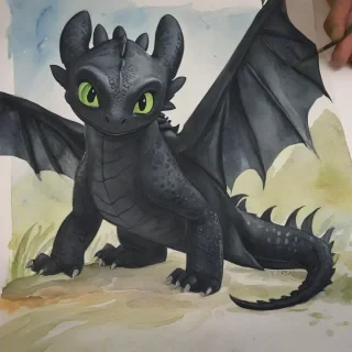 Watercolor of Toothless the night fury from How to train your dragon